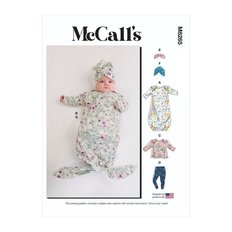 McCall's Sewing Pattern M8265 - Infants' Gown, Top, Pants, Headband and  Hat, Size: YA5 (NB-S-M-L-XL) 
