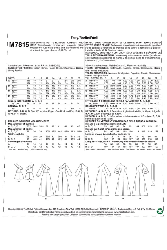 Sewing Pattern Misses'/Miss Petite Romper, Jumpsuit and Belt-6-8-10-12-14