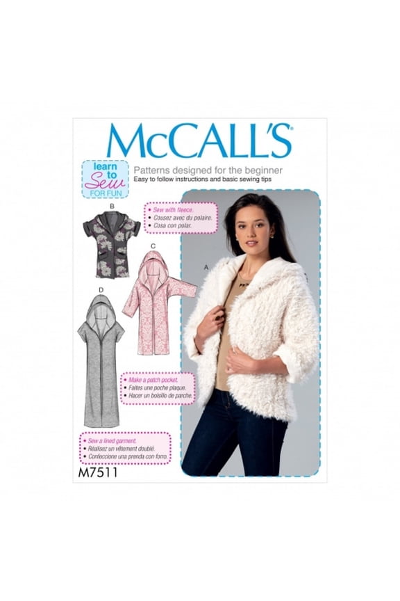 McCalls Ladies Easy Sewing Pattern 7511 Open Front Jackets