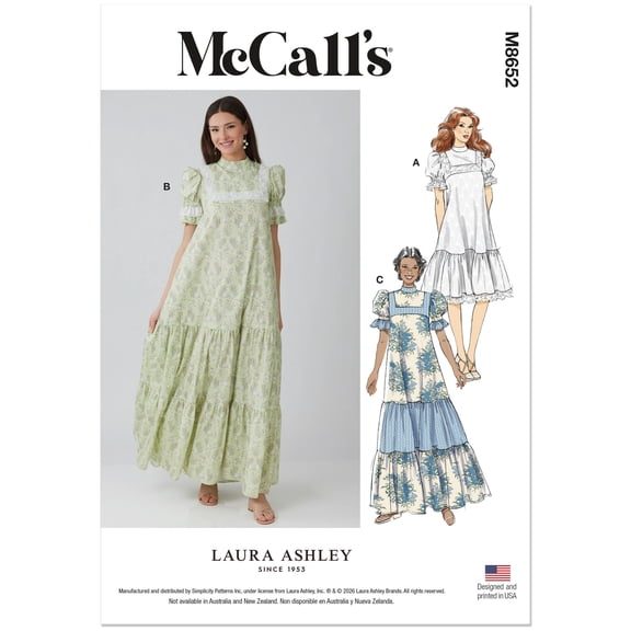 McCalls Sewing Pattern 8652 - Misses' High Yoke Dress in Two Lengths by Laura Ashley, Size: K5(8-16)