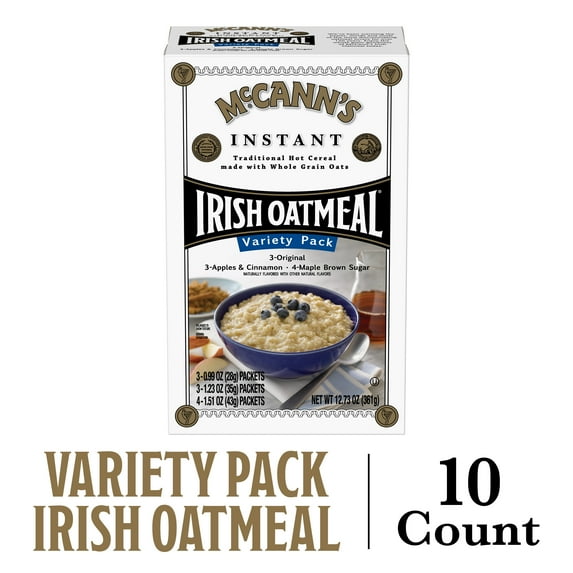 McCann's Regular, Apples & Cinnamon & Maple & Brown Sugar Instant Irish Oatmeal Variety Pack, Instant Oatmeal, Kosher, 10 Count Box
