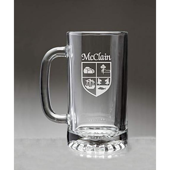 McClain Irish Coat of Arms Glass Beer Mug (Sand Etched)