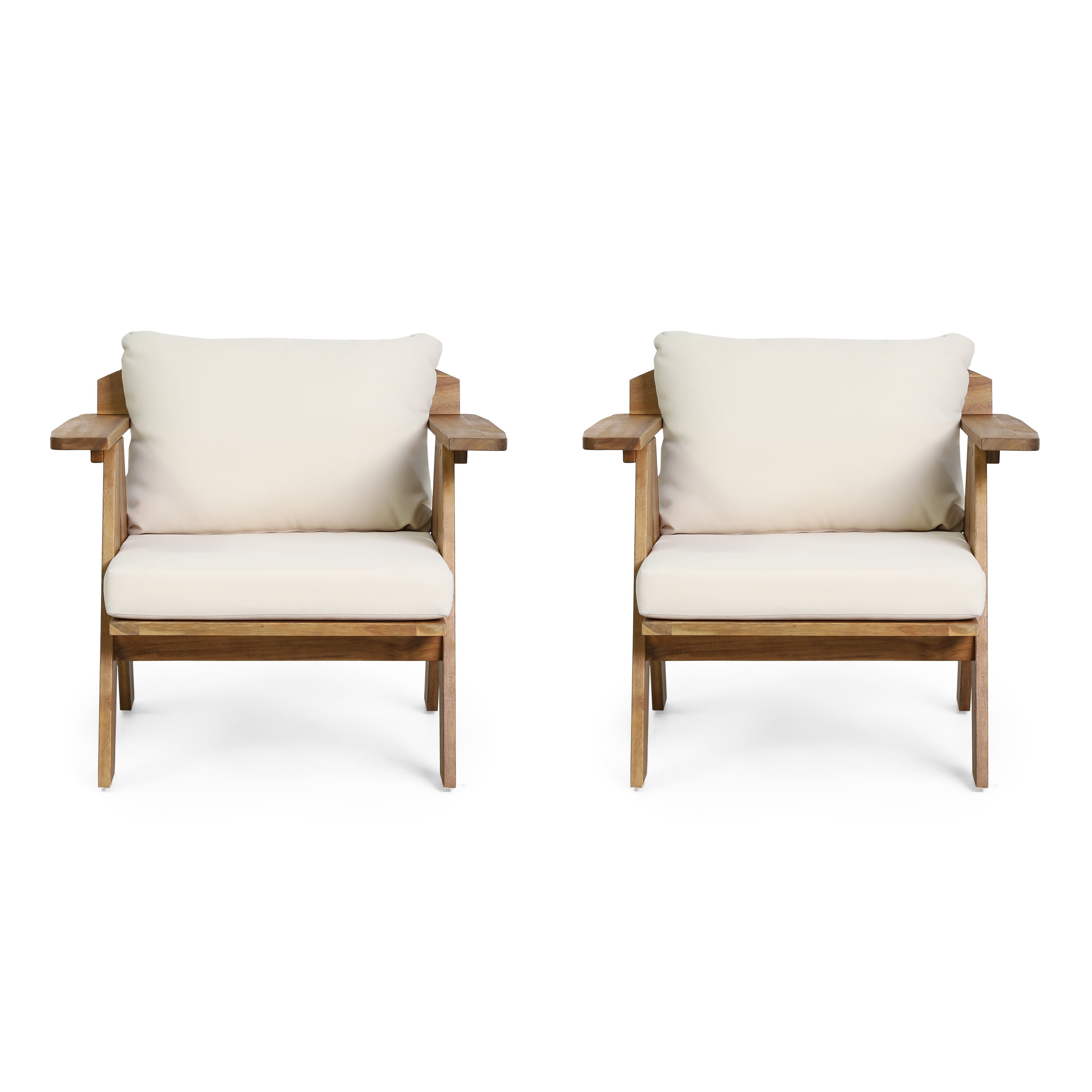 Teak and Beige Acacia Wood Outdoor Club Chairs with Cushions, Set of 2