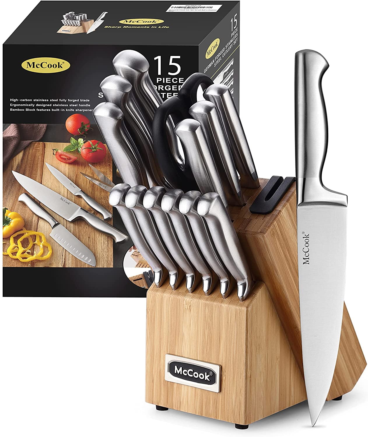 McCook 15-Piece Stainless Steel Knife Set,MC19 Knife Block Set with  Built-in Sharpener,Chef Knife for Home 