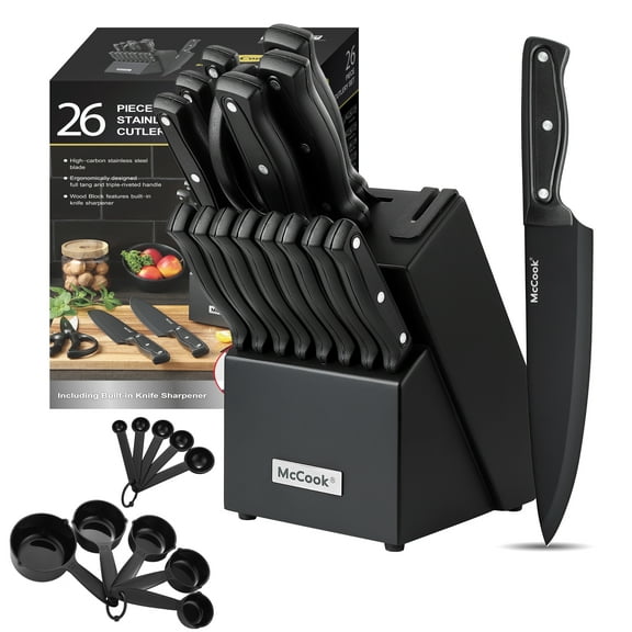 McCook DISHWASHER SAFE MC701 black Knife Sets of 26, Stainless Steel Kitchen Knives Block Set with Built-in Knife Sharpener, Measuring Cups and Spoons