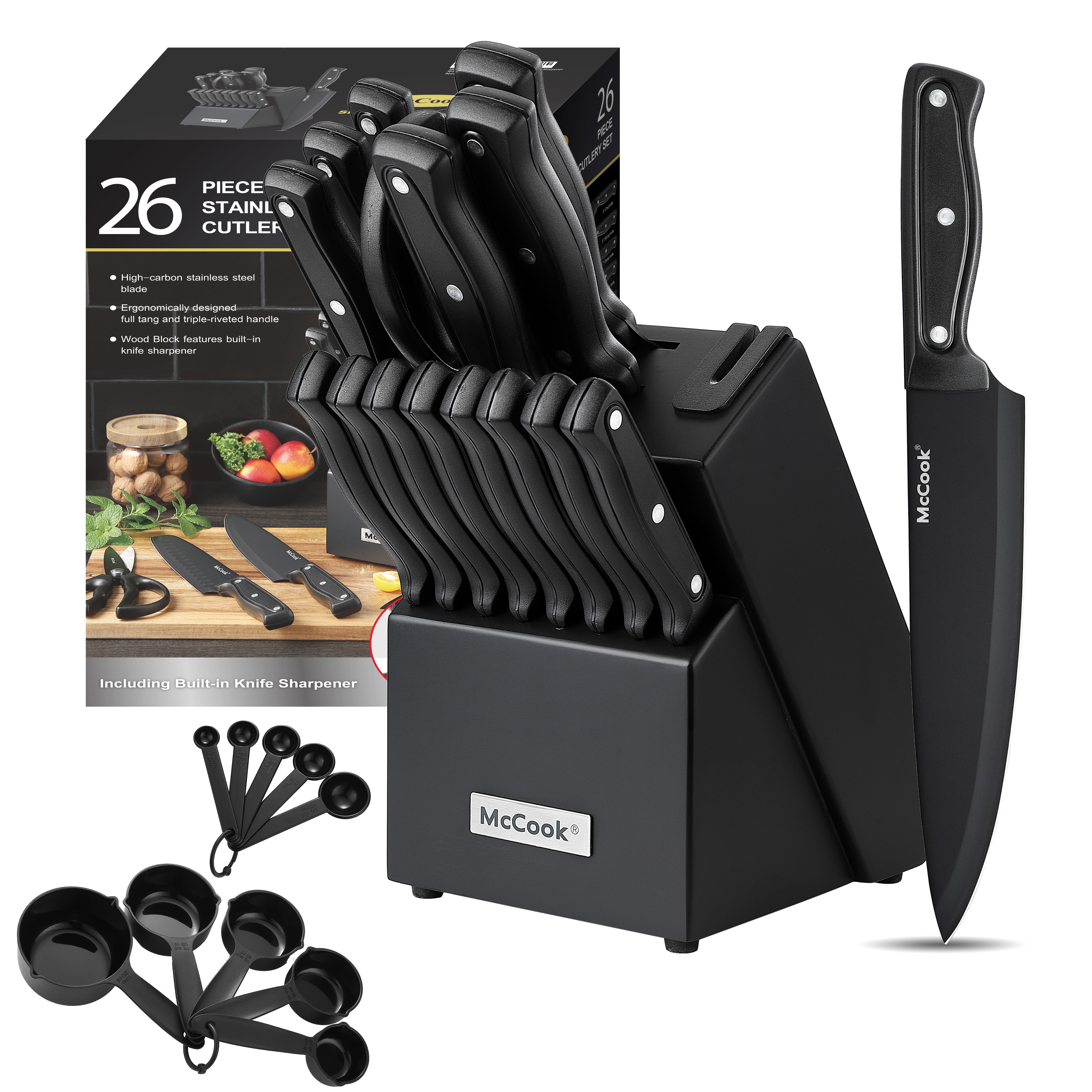 Walmart Deal of McCook DISHWASHER SAFE MC701 black Knife Sets of 26, Stainless Steel Kitchen Knives Block Set with Built-in Knife Sharpener, Measuring Cups and Spoons