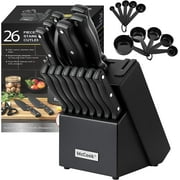 McCook DISHWASHER SAFE MC701 black Knife Sets of 26, Stainless Steel Kitchen Knives Block Set with Built-in Knife Sharpener,Measuring Cups and Spoons