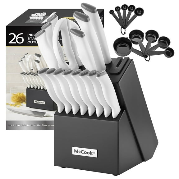 McCook Knife Set with Block, 26PCS Ultra- Sharp Cutlery Knife Set with Steel Blades for Precise Cutting,8 Steak Knives with Built-in Knife Sharpener,Measuring Cups and Spoons