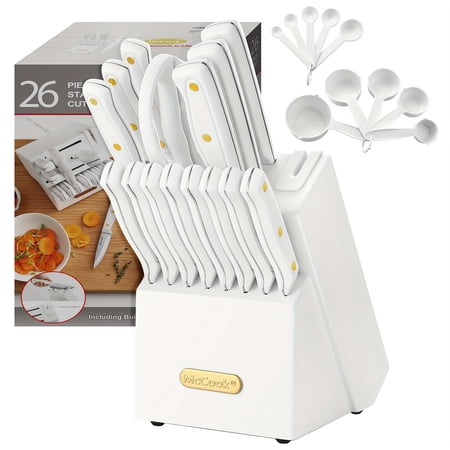 McCook Knife Set For Kitchen With Block, TEC703 White Kitchen Knife Sets With Built-in Sharpener, Cutlery Set With Measuring Cups And Spoons For Cooking, 26pcs
