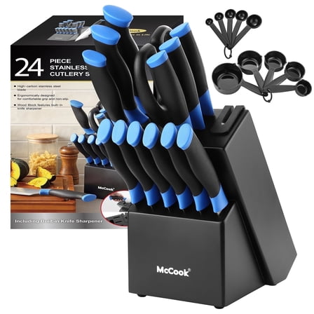 McCook Knife Set For Home, Ultra- Sharp Cutlery Knife Set with Steel Blades for Precise Cutting,Lightweight, Stainless Steel Knife Set with Built-in Knife Sharpener,Measuring Cups and Spoons,24PCS
