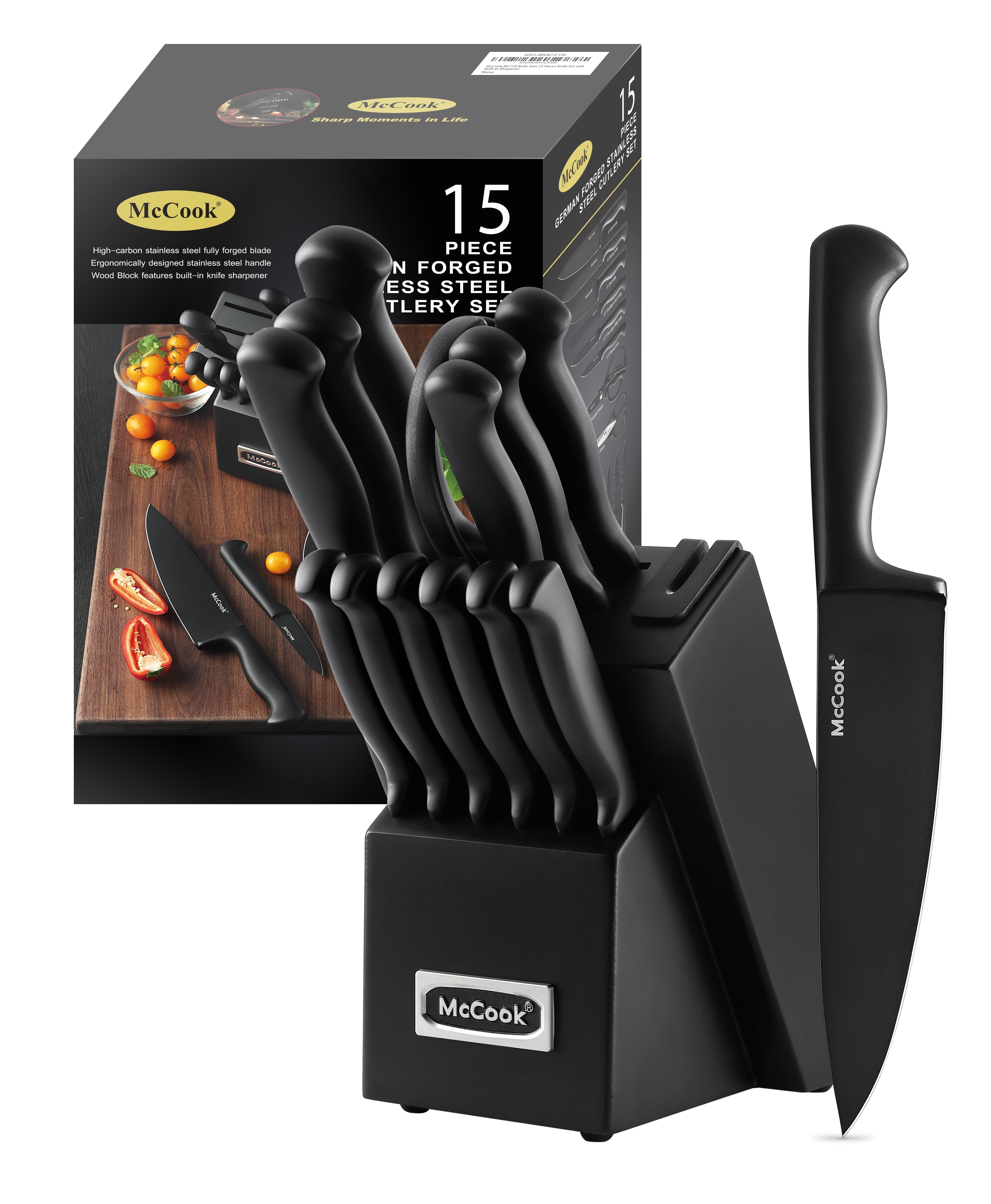 McCook MC21B Black Knife Set, 15 PCS High Carbon One Piece Forged Stainless Steel Kitchen Knife Set, Knife Set with Block and Built-in Sharpener ,6 Pcs Steak Knives