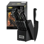 McCook MC21B Black Knife Set, 15 PCS High Carbon One Piece Forged Stainless Steel Kitchen Knife Set, Knife Set with Block and Built-in Sharpener ,6 Pcs Steak Knives