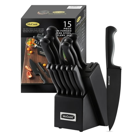 McCook MC21B Black Knife Set, 15 PCS High Carbon One Piece Forged Stainless Steel Kitchen Knife Set, Knife Set with Block and Built-in Sharpener ,6 Pcs Steak Knives