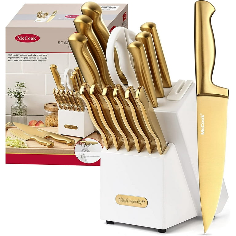  Black and Gold Knife Set with Sharpener- 14 PC Gold