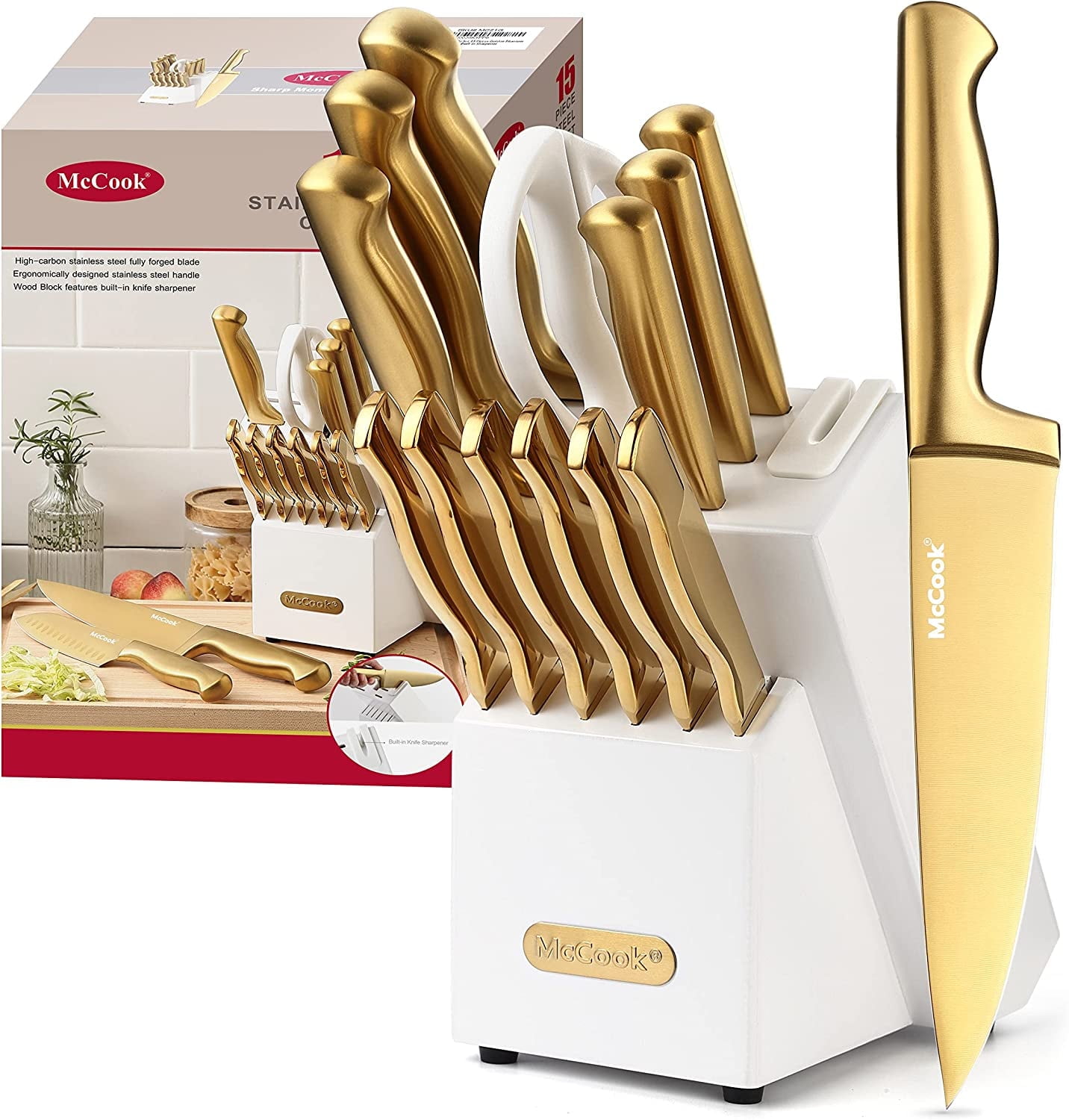 McCook MC21G 15-Piece Golden Titanium Knife Set with Built-in