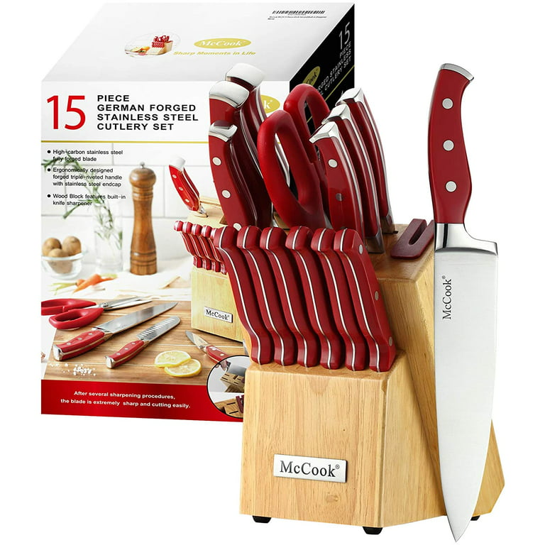 McCook MC24 15 Pieces Stainless Steel Kitchen Knife Sets with Wooden Block, Kitchen Scissors and Built-in Sharpener, Red