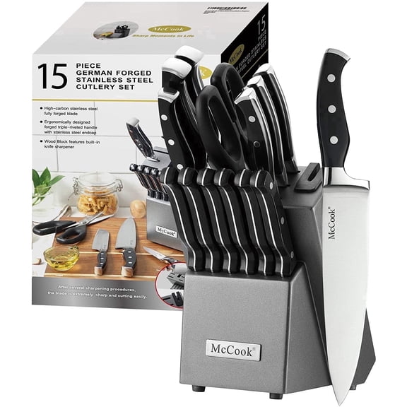 McCook MC25A Knife Sets,15 Pieces German Stainless Steel Kitchen Knife Block Set with Built-in Sharpener