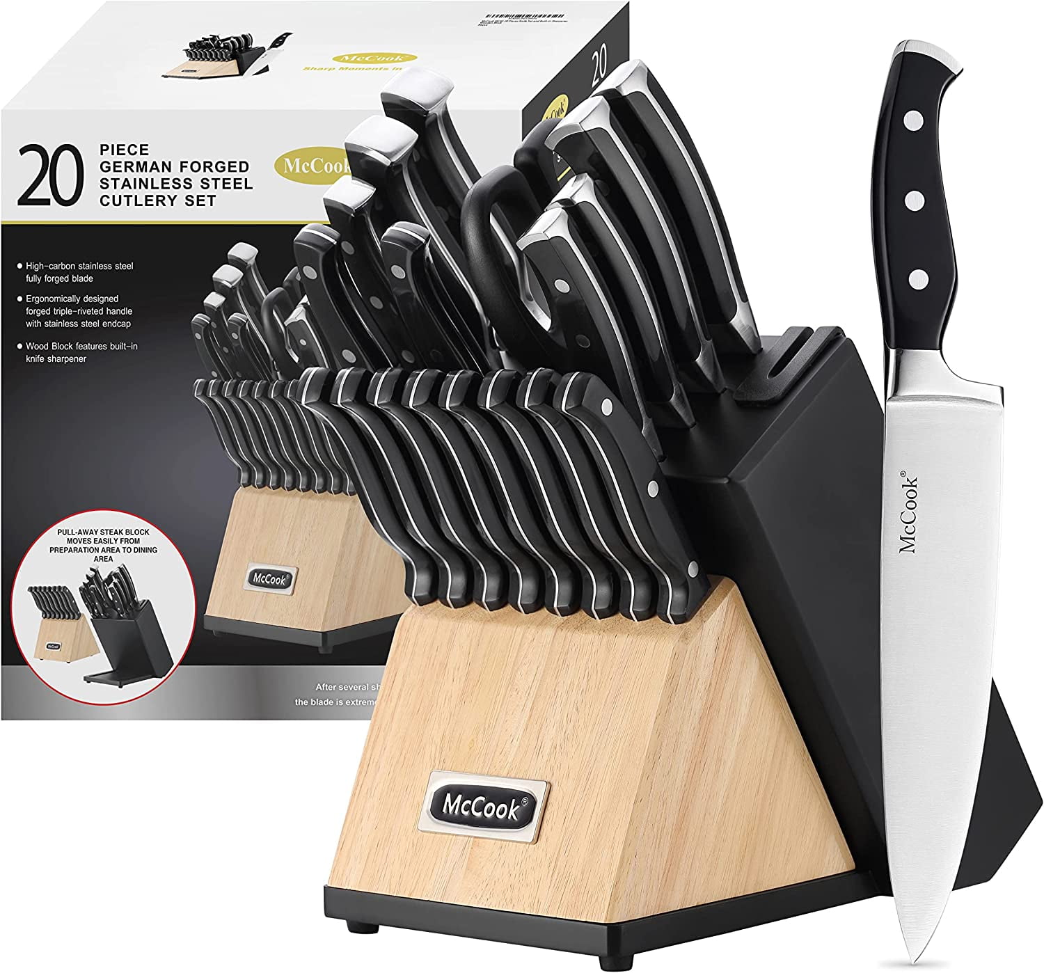 Knife Sets,McCook MC65B 20 Piece German Stainless Steel Forged Kitchen  Knife Block Set, Cutlery Set with Black Block 
