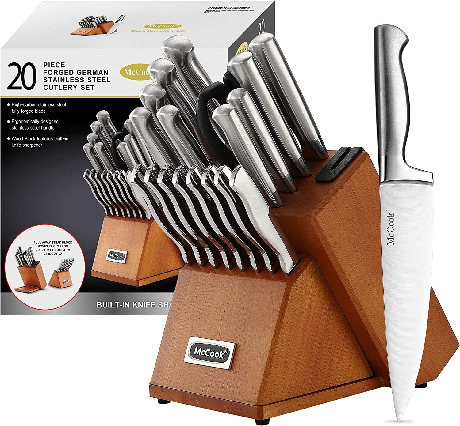 McCook MC69 20 Pieces Kitchen Knife Set Built-in Sharpener Knife Block Set,  Removable Steak Knife Block 