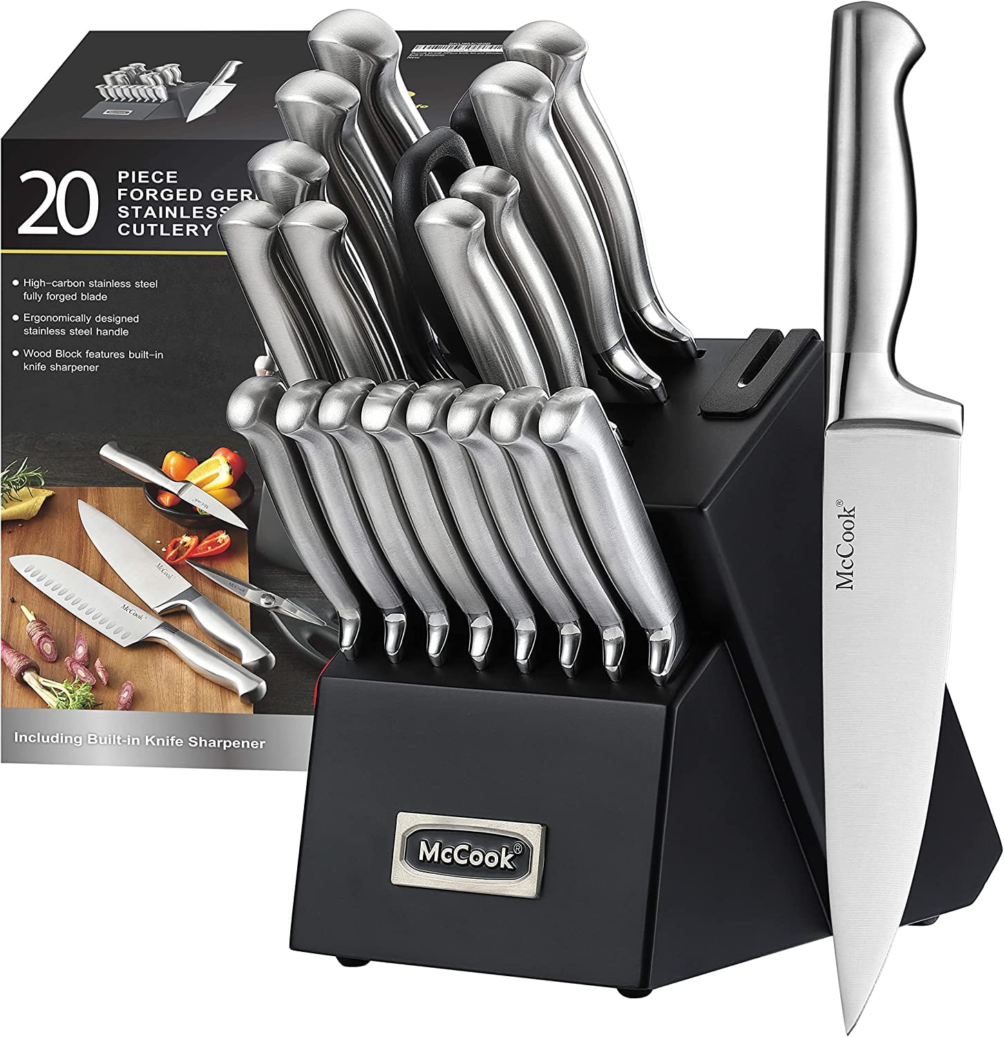 McCook MC69B Knife Sets,20 Pieces German Stainless Kitchen Knife Set with  Built-in Sharpener,One Piece Design Knife Set with Block, Black