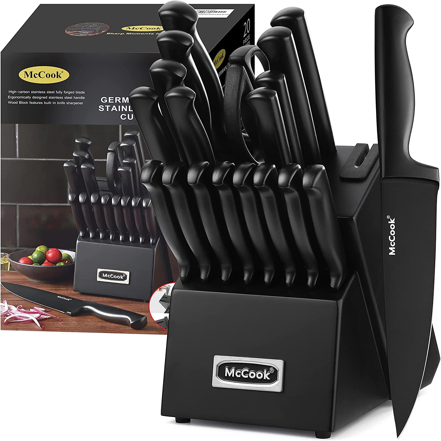 Knife Sets,McCook MC65G 20 Piece German Stainless Steel Forged Kitchen  Knife Block Set, Cutlery Set with Gray Block