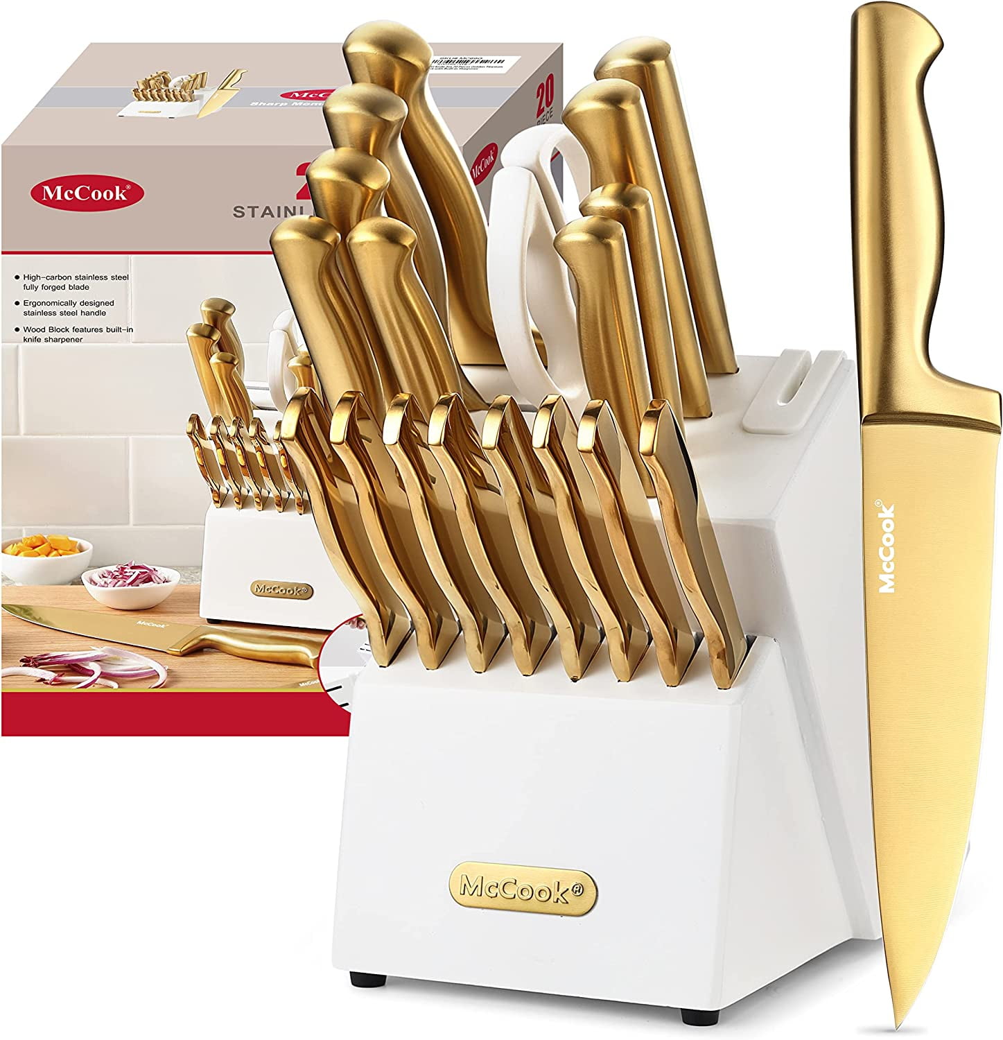 McCook MC69G Kitchen Knife Sets With White Block,20 Pieces Luxury Golden  Titanium Knife Block Set with Built-in Sharpener