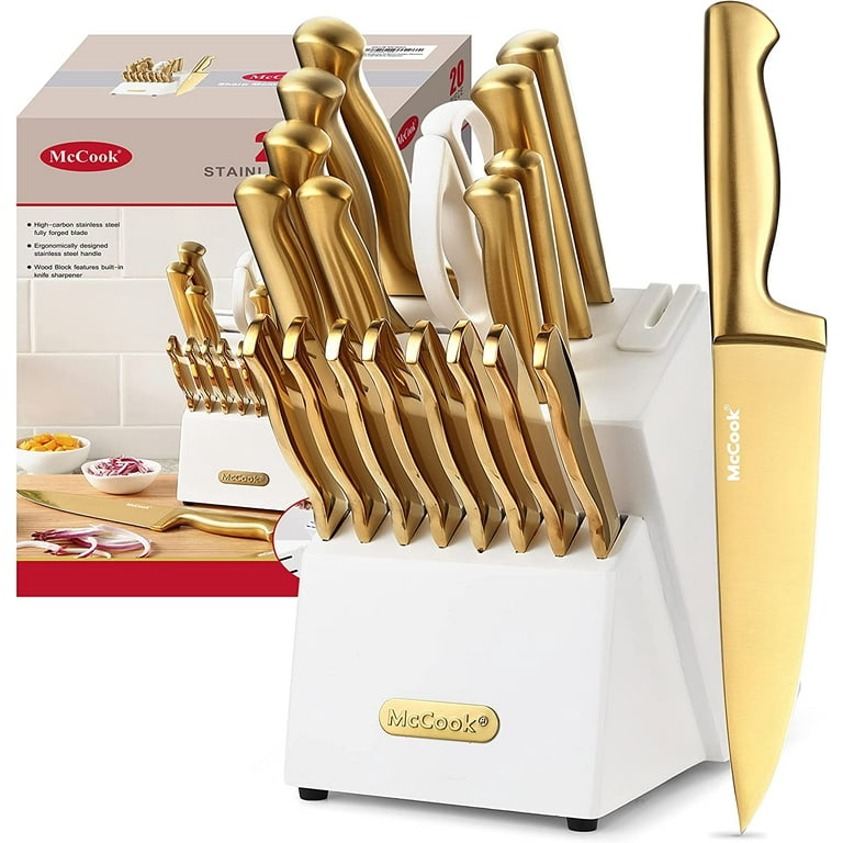  White and Gold Knife Set with Block Self Sharpening