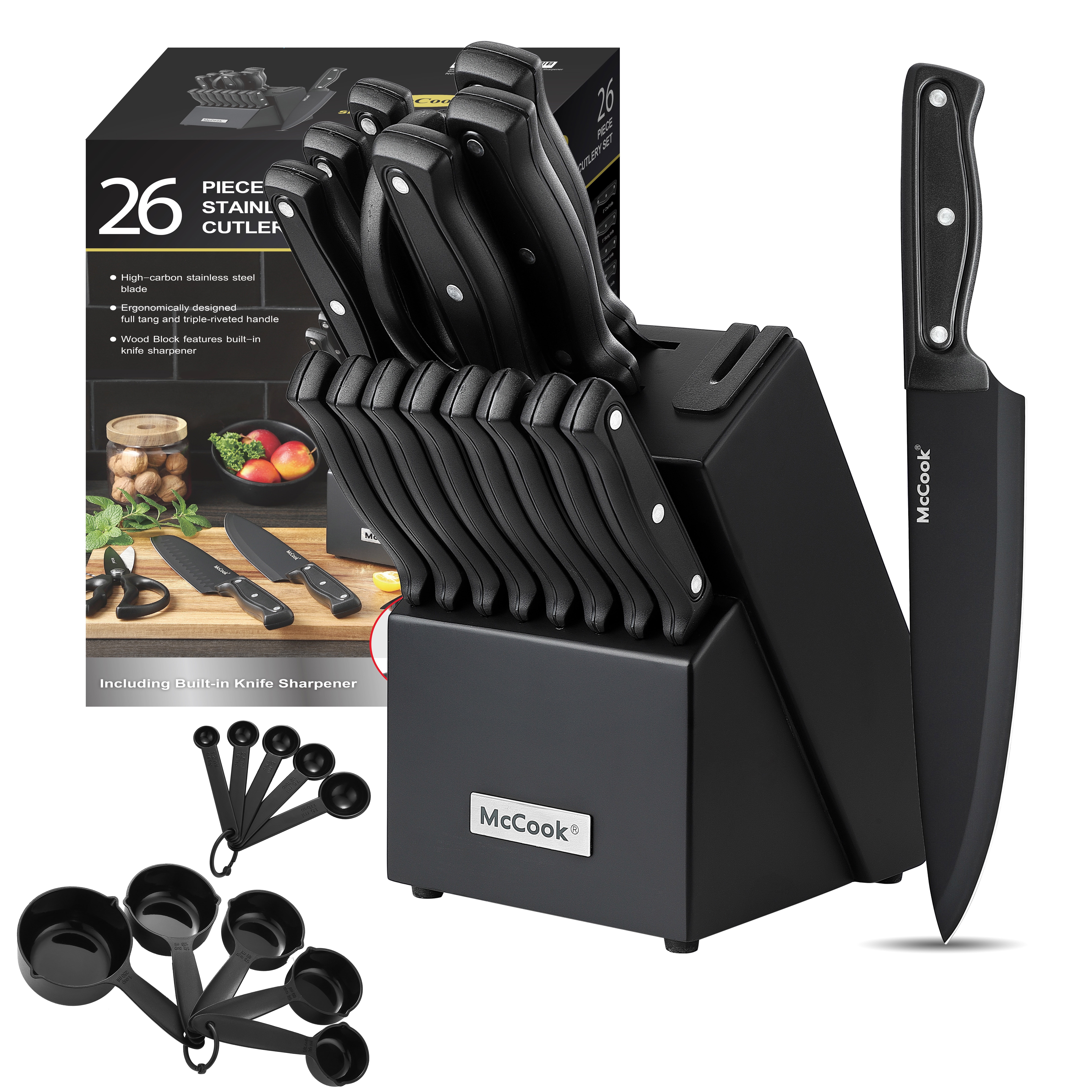McCook DISHWASHER SAFE MC701 black Knife Sets of 26, Stainless Steel Kitchen Knives Block Set with Built-in Knife Sharpener, Measuring Cups and Spoons - Walmart.com
