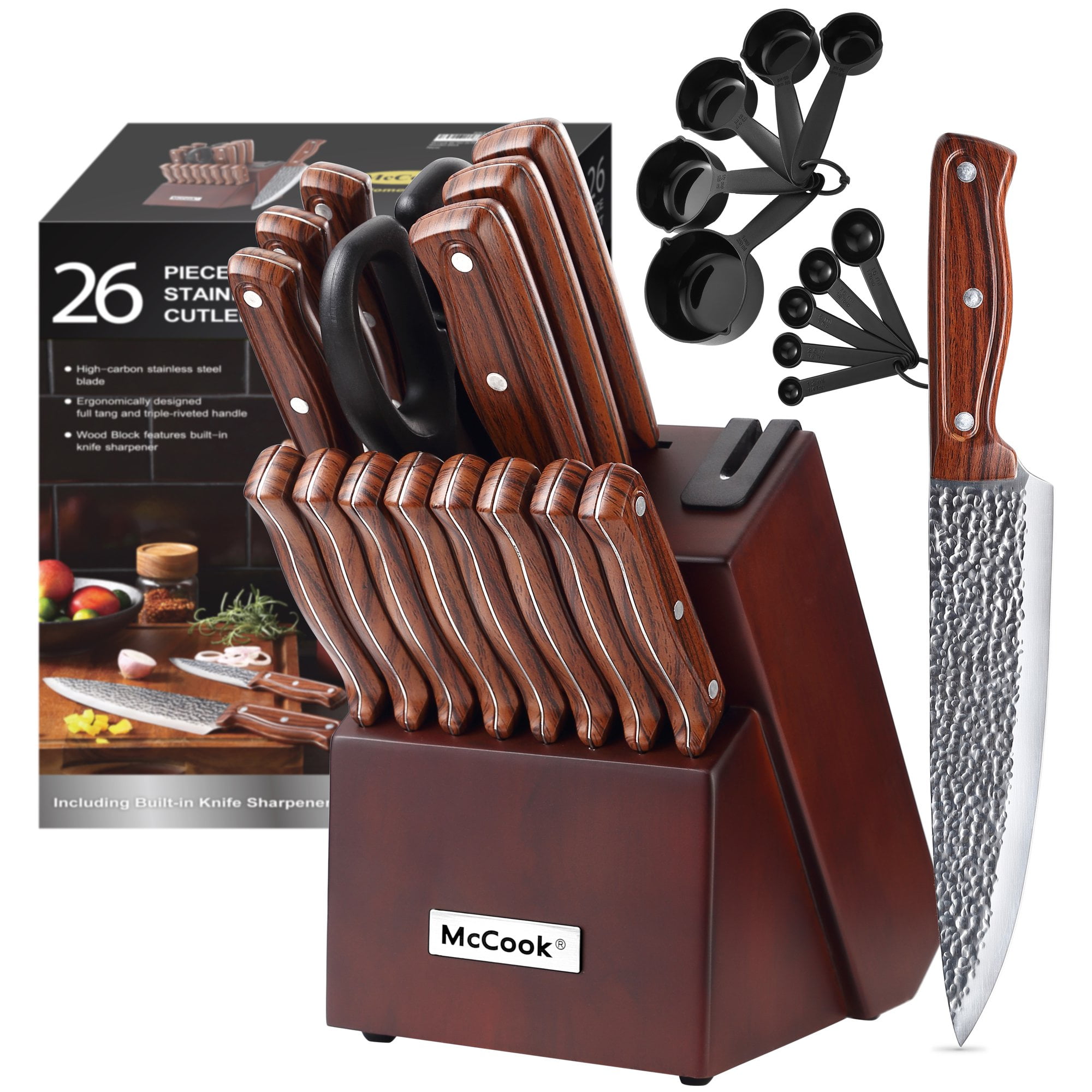 McCook MC702 26Pieces Kitchen Knife Set With Block, Builtin Sharpener