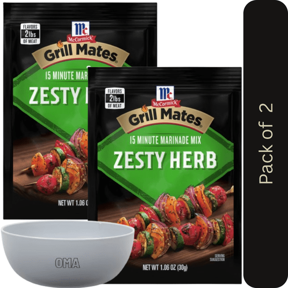 McCormick GRILL MATES Zesty Herb Marinade Seasoning Mix, 2 Pack (1.06 oz Each) with Bowl by OMA