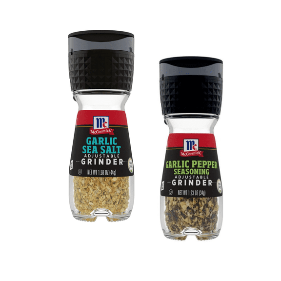 McCormick VARITEY BUNDLE PACK OF 2 . Garlic Seasoned Salt Grinder,1.58 oz  & Garlic Pepper Seasoning Grinder,1.23 oz