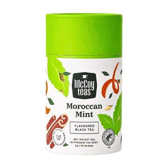 McCoy Teas Moroccan Mint Leaf Flavored Black Tea, 10 Pyramid Tea Bags, Premium Tea from Sri Lanka