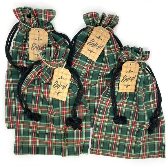 McCuan Green Tartan Large Plaid Fabric Gift Bags with Tags 15" x 10" - Set of 4 - by Marilee Home
