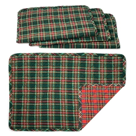 McCuan Green Tartan Reversible Scotty Red Tartan Plaid Quilted Christmas Homespun Cotton Placemats; 14" x 19" - Set of 4 by Marilee Home