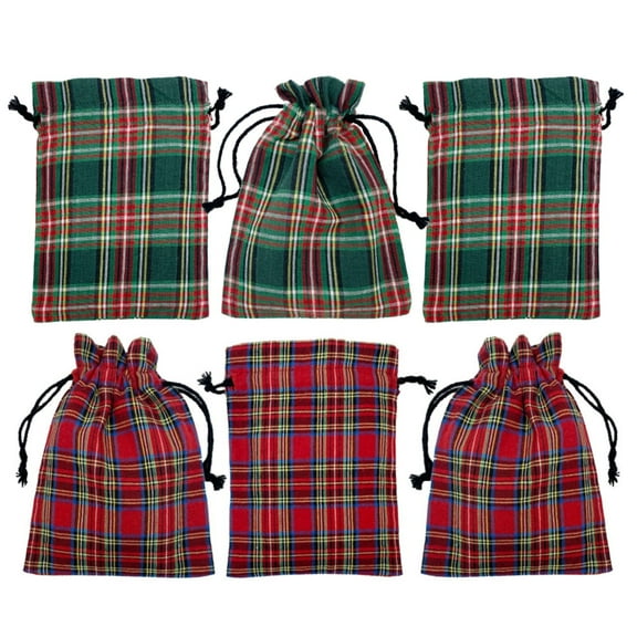 McCuan Green and Scotty Red Tartan Plaid Homespun Fabric Small Gift Bag; 6" x 4.5" - Set of 6