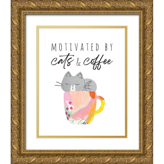 McCully, Jennifer 26x32 Gold Ornate Wood Framed with Double Matting Museum Art Print Titled - Motivated By Cats And Coffee 1
