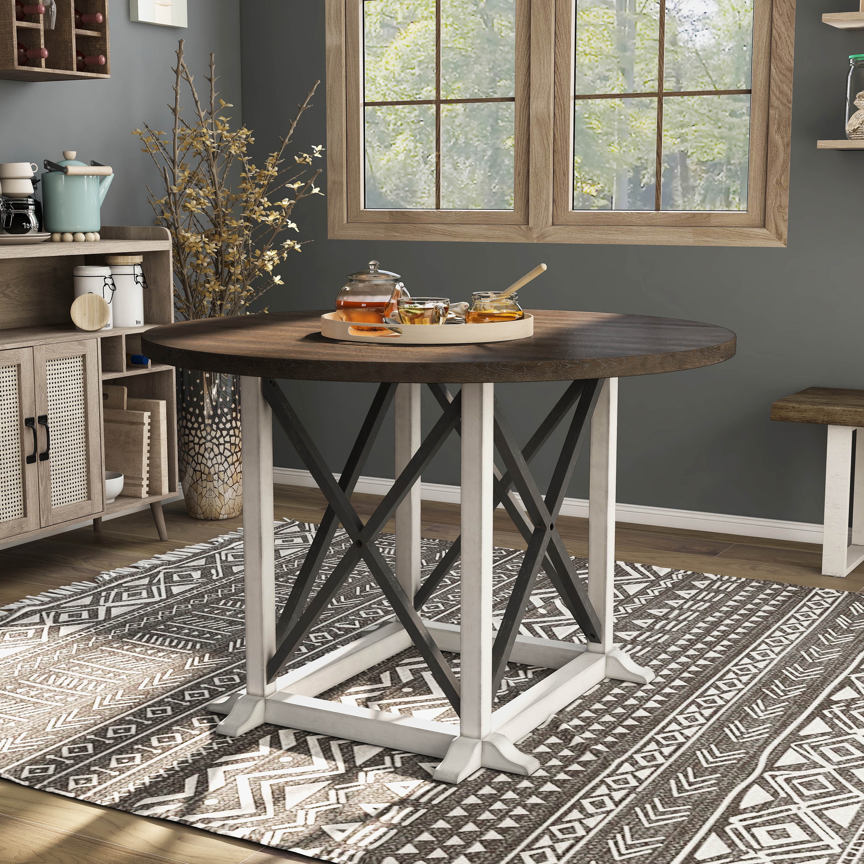 50" Round Reclaimed Wood Dining Table with Antique White Base