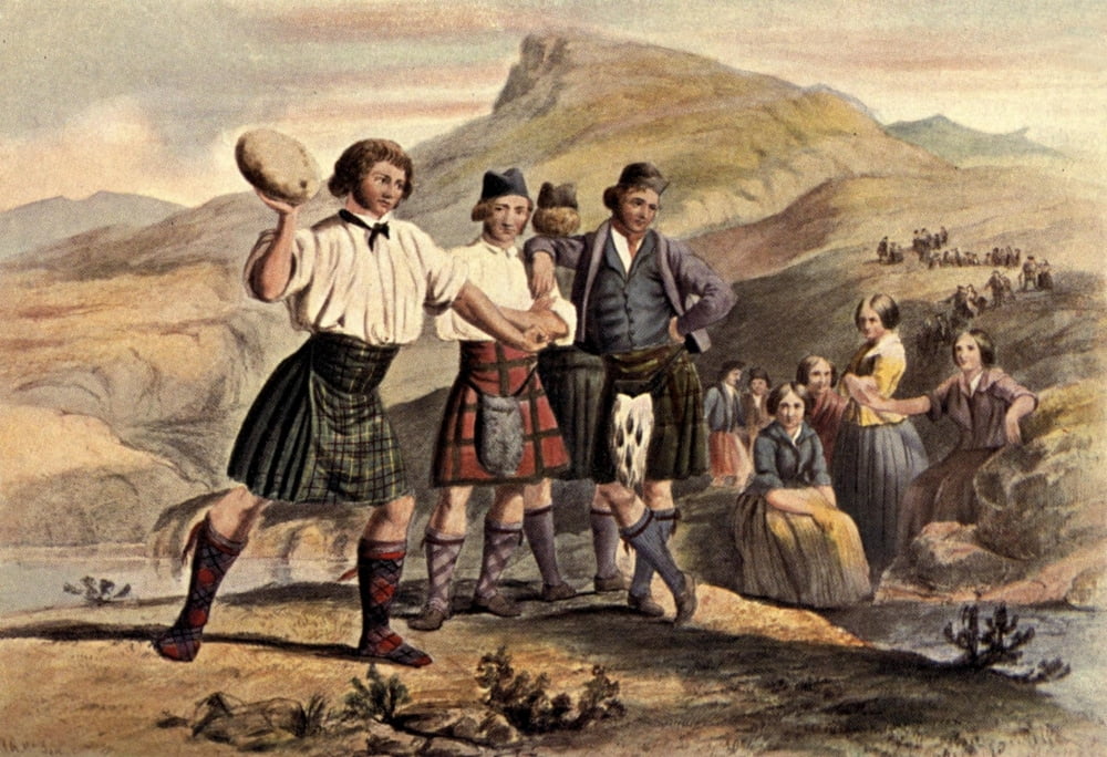 McIans Highlanders at Home 1900 Throwing the stone Canvas Art - Robert R McIan (24 x 36)