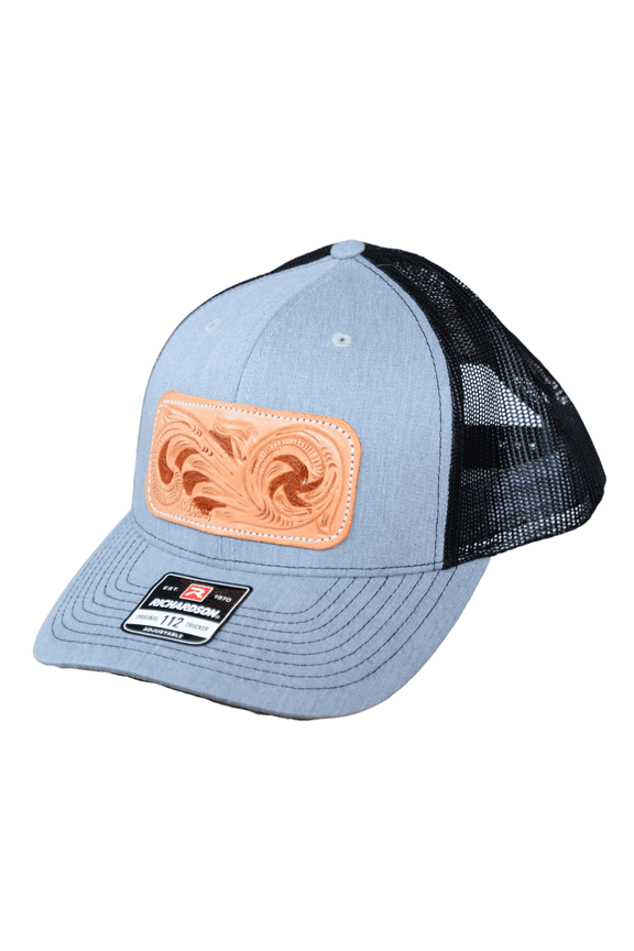 Heather Grey and Black Leather Tooled Patch Cap