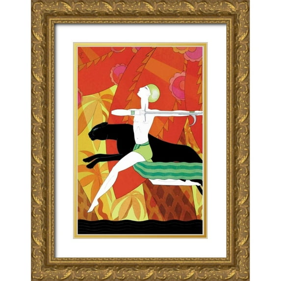 McIntosh, Frank 13x18 Gold Ornate Wood Framed with Double Matting Museum Art Print Titled - Mowgli and the Black Panther, 1926