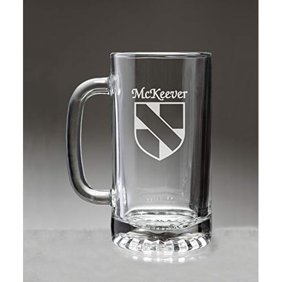 McKeever Irish Coat of Arms Glass Beer Mug (Sand Etched)