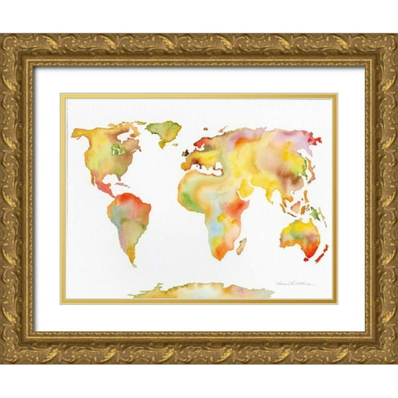 McKenna, Kathleen Parr 24x19 Gold Ornate Wood Framed with Double Matting Museum Art Print Titled - Watercolor World Map