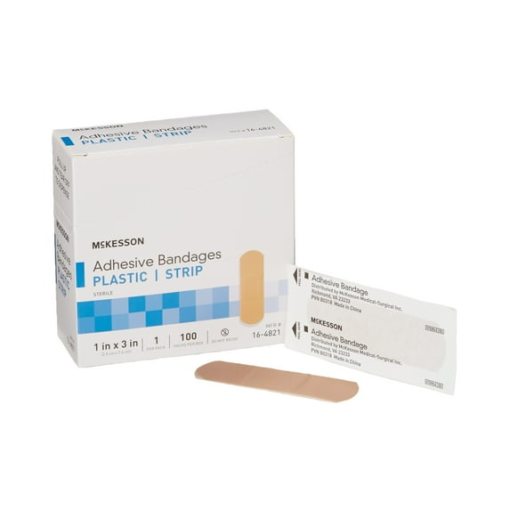 McKesson Adhesive Bandages - Sterile Plastic Strip for Small Wounds, 1 in x 3 in, 100 Count, 1 Pack