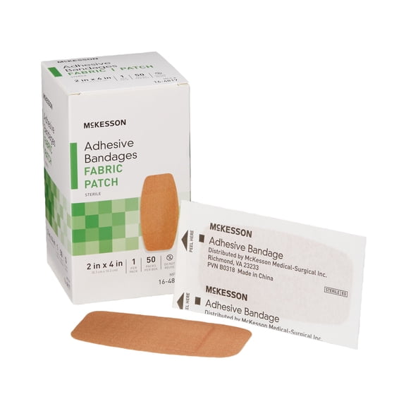 McKesson Adhesive Bandages for Wound Care, Fabric Patch, Sterile, 2 in x 4 in, 50 Count, 24 Packs, 1200 Total