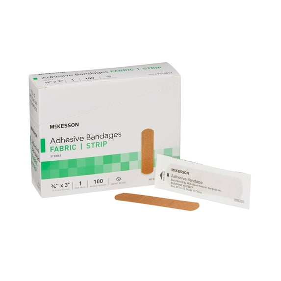 McKesson Adhesive Bandages for Wound Care, Sterile Fabric, 3/4 in x 3 in, 100 Count, 24 Packs, 2400 Total