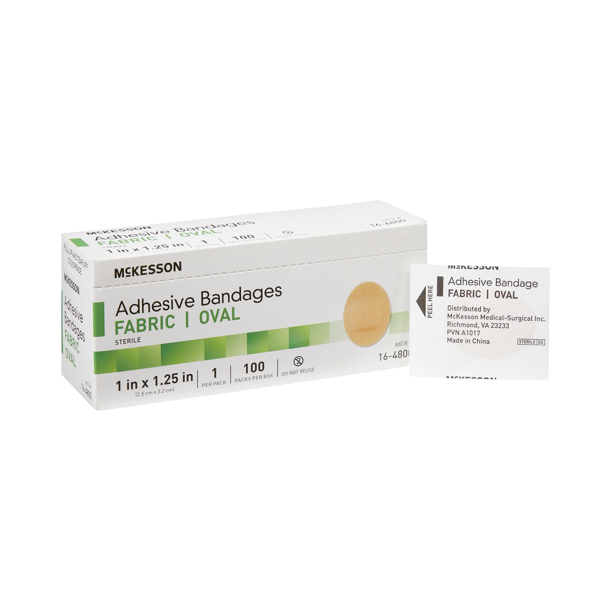 McKesson Adhesive Fabric Bandages, Oval, Sterile - Tan, 1 in x 1.25 in, 100 Count, 24 Packs, 2400 Total