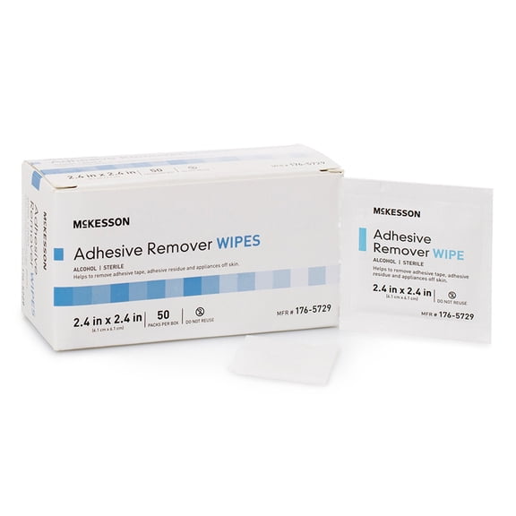McKesson Adhesive Remover Wipes, Gentle Alcohol Solution, 2.4 in x 2.4 in, 50 Wipes