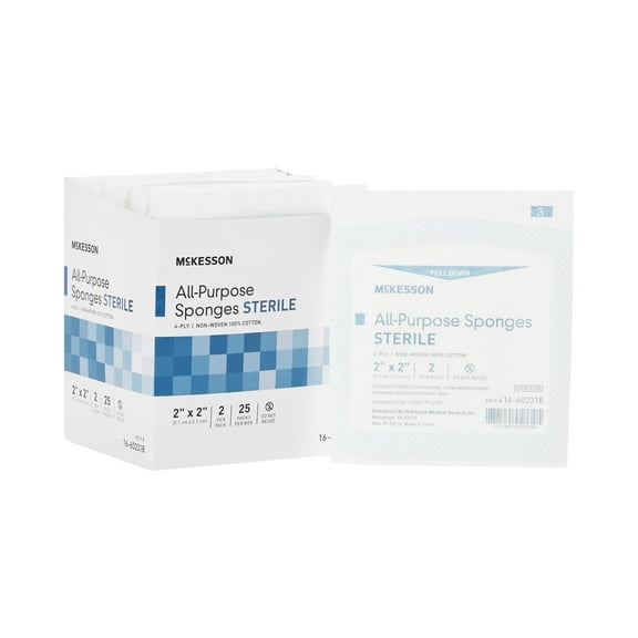 McKesson All Purpose Sponges, Sterile Wound Pads, 2 in. x 2 in., 2 per Pack, 25 Packs, 50 Total