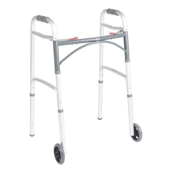 McKesson Aluminum Silver Junior Dual Release Folding Walker with Wheels Adjustable Height up to 350 lbs 25 to 32.25" H