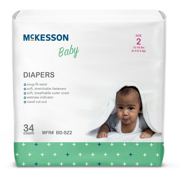 McKesson Baby Diapers - Flexible Fit, Wetness indicator, 12-Hour Protection - Size 2 (12 to 18 lbs.), 34 Count, 1 Pack